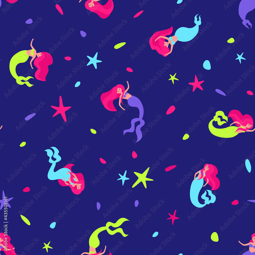 Seamless pattern with neon mermaids on a dark background. Design for baby products with a fairytale hero. Flat vector illustration.