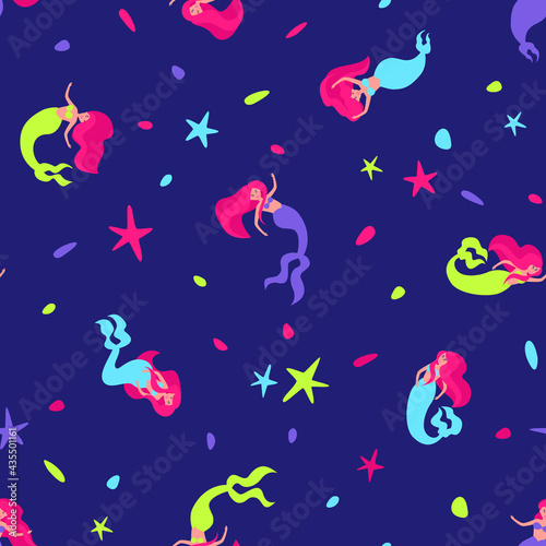 Seamless pattern with neon mermaids on a dark background. Design for baby products with a fairytale hero. Flat vector illustration.