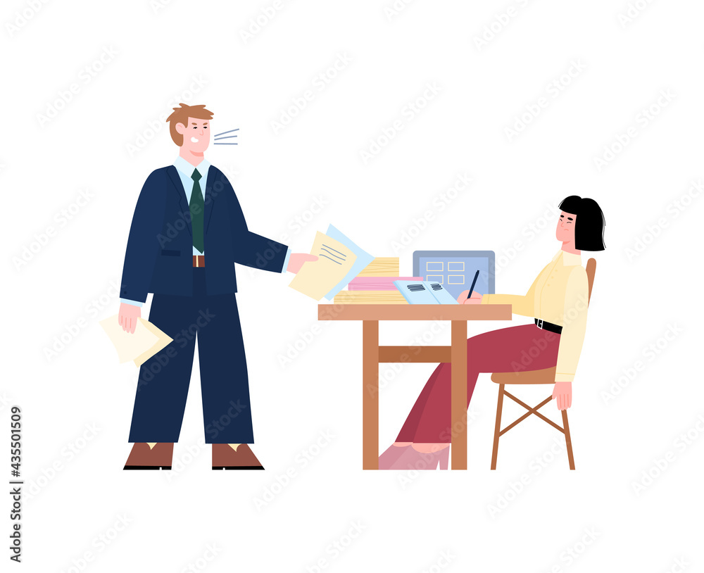 Aggressive boss shouting on employee, cartoon vector illustration isolated.