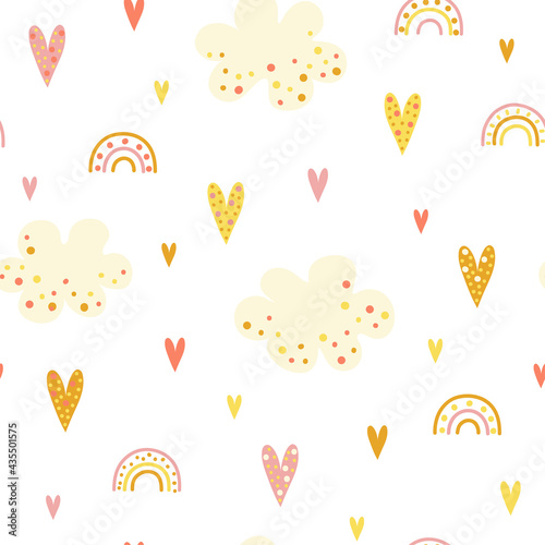 Seamless cartoon pattern with cute rainbows, hearts and clouds on a white background. Trendy decorative pattern in pastel colors.