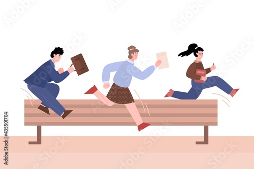 Purposeful business people jumping over barrier, vector illustration isolated.