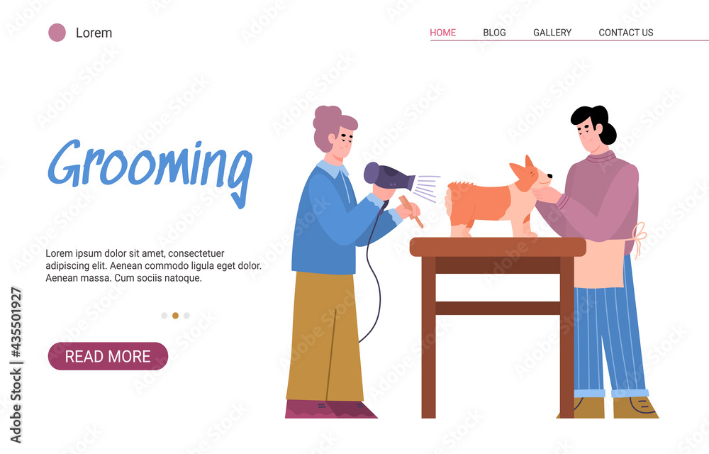 Pet grooming salon website with masters or hairdressers, vector illustration.