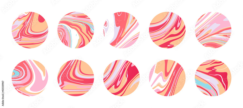 Contemporary round marble icons with texture of liquid marble slab, slice or epoxy in pink. Abstract circles icons for highlight covers. Backgrounds for social media stories Contemporary round marble icons with texture of liquid marble slab, slice or epoxy in pink. Abstract circles icons for highlight covers. Backgrounds for social media stories