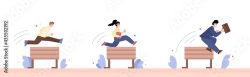 Business people competing in steeplechase race flat vector illustration isolated.