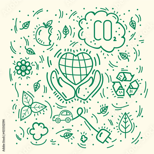 Energy-saving background ecology. The pattern is a hand-drawn line of doodle icons for textiles. Cute poster of solar energy, eco, bio, water, carbon. Vector illustration