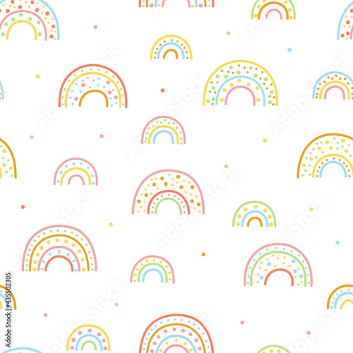 Seamless pattern with multicolored rainbows on a white background.