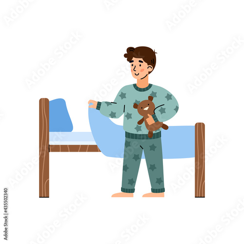 Little boy in pajama going to sleep, cartoon vector illustration isolated.