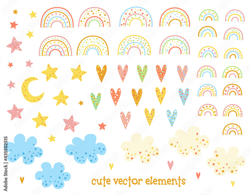 Set of cute multicolored vector elements for your design. Cheerful rainbows, hearts, stars, clouds.