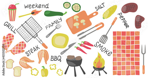 Barbecue items set isolated vector flat illustration.  For the design of the menu of cafes and restaurants, shop windows related to the theme of grilled food. Engraved design.
