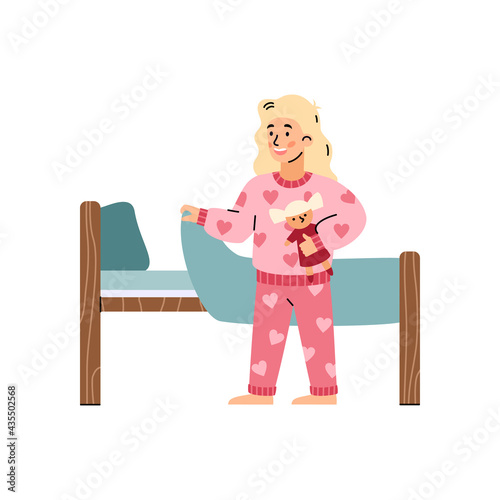 Cute girl in pink pajama going to sleep, cartoon vector illustration isolated.