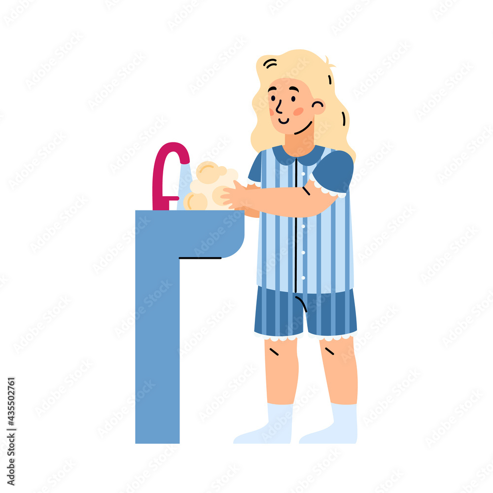 Little girl washing her face and hands cartoon vector illustration isolated. Little girl washing her face and hands cartoon vector illustration isolated.