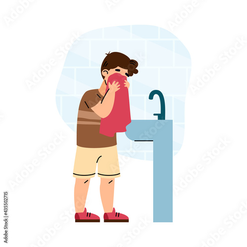 Boy wipes face with towel after washing, isolated cartoon vector illustration.