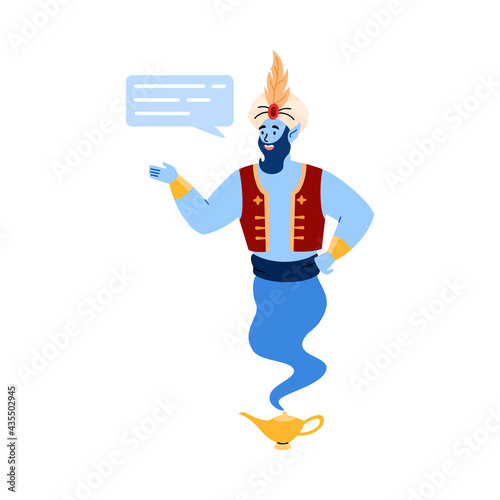 Magic genie with message dialogue window, cartoon vector illustration isolated.