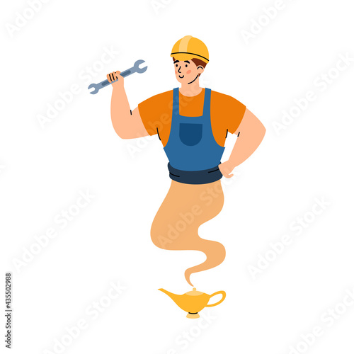 Mechanic or repairman looking like genie, cartoon vector illustration isolated.