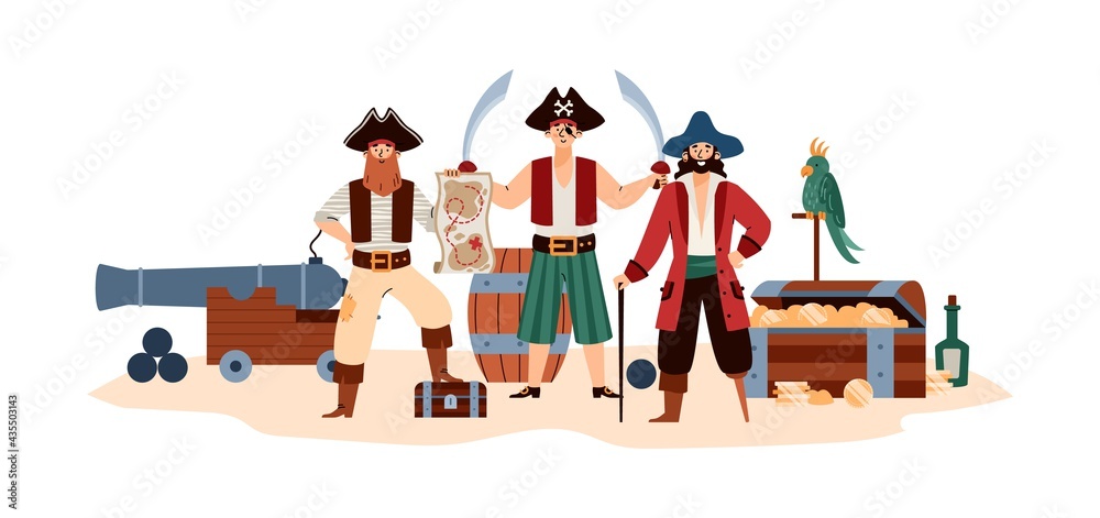 Funny pirates with treasure chest and cannon flat vector illustration isolated. Funny pirates with treasure chest and cannon flat vector illustration isolated.