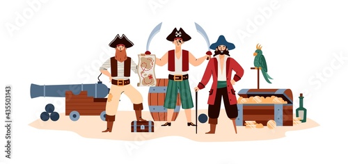 Funny pirates with treasure chest and cannon flat vector illustration isolated.