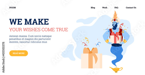 Website with magic genie bringing gift boxes cartoon vector illustration.