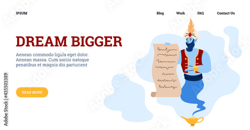 Dream bigger website with genie holding wish list, flat vector illustration.