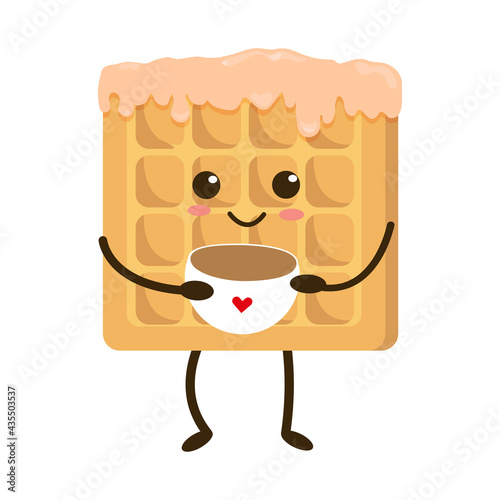 Kawaii Belgium  waffles  with pink cheeks and winking eyes, pastel colors on white or pink background. Vector illustration. Waffle with cup of coffee, cocoa, pudding. Waffles in icing.