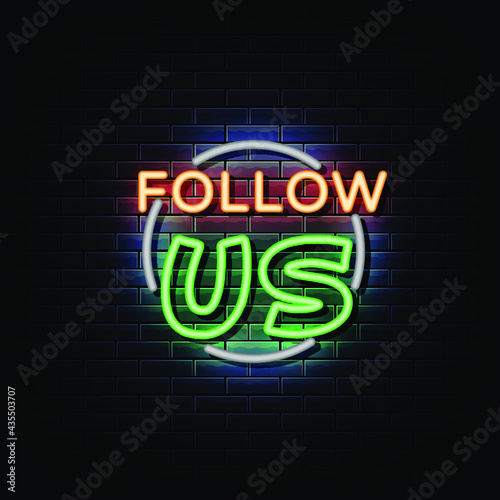 Follow us neon signs vector. Design template neon sign