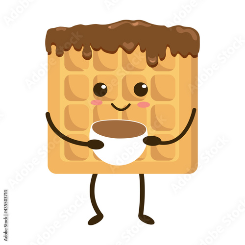 Kawaii Belgium  waffles  with pink cheeks and winking eyes, pastel colors on white or pink background. Vector illustration. Waffle with cup of coffee, cocoa, pudding. Waffles in icing.