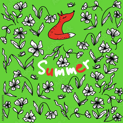Summer pattern flowers and a fox on a green background. Perfect for scrapbooking, greeting card, textile and prints. Hand drawn vector illustration.
