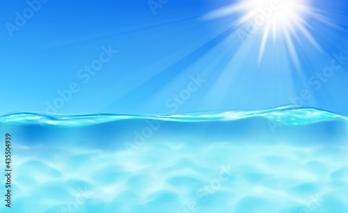 Background with sea wave, blue sky, sun, rays and lens flare
