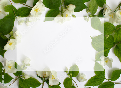 Floral frame made of Jasmine flowe isolated on white background Flowers frame.