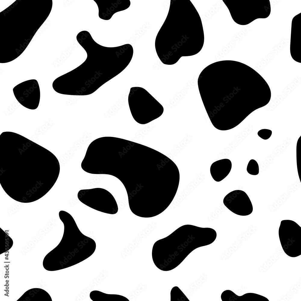Black abstract spots on a white background. Cow color. Seamless pattern for printing on fabric, textiles, decorative pillows, bedding, book covers. Black abstract spots on a white background. Cow color. Seamless pattern for printing on fabric, textiles, decorative pillows, bedding, book covers.
