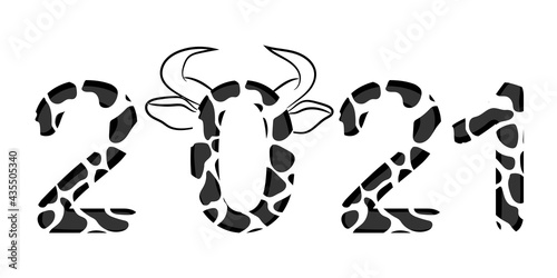 New Year of the bull 2021. Spotted cow color black and white. Creative numbers for printing on postcards, pillow decor, book covers, websites. 