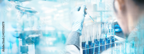 Quadro su tela banner background of health care researchers working in life science laboratory, medical science technology research work for test a vaccine, coronavirus covid-19 vaccine protection cure treatment