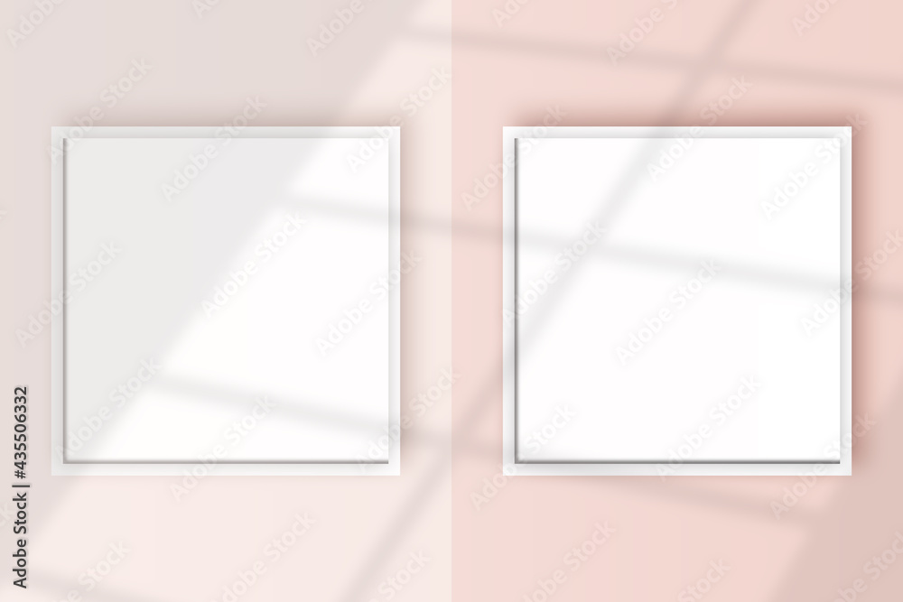 Image of a two square white frame mockup on a light pink wall blank mockup template. Image of a two square white frame mockup on a light pink wall blank mockup template.