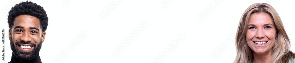 Two people in front of a white background with a white space in between
Two people in front of a white background with a white space in between