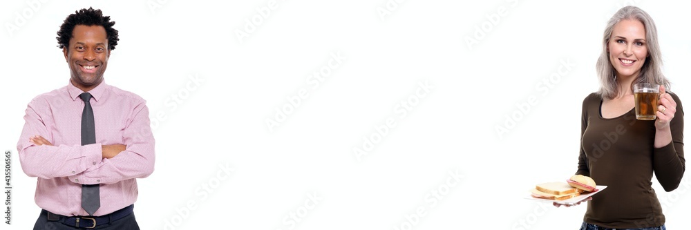 Two people in front of a white background with a white space in between
Two people in front of a white background with a white space in between
