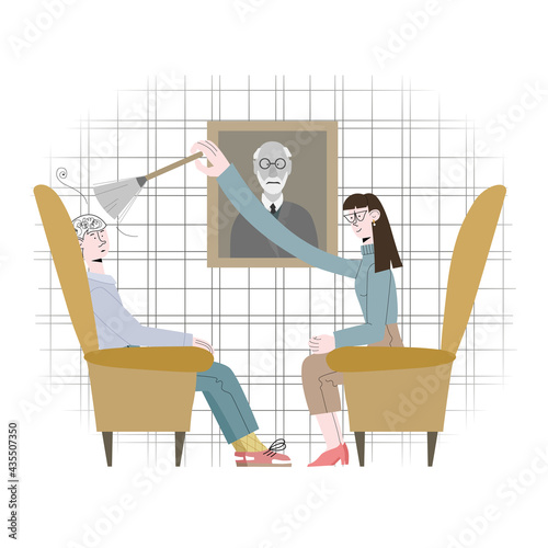 Psychologist is helping to clean out from troublesome thoughts. Patient is telling about his problem. Flat vector illustration for post