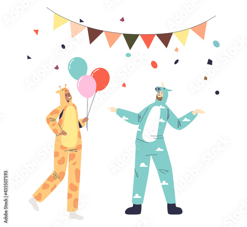Girl in giraffe kigurumi pajama hold bunch of air balloons greet man in unicorn jumpsuit on party