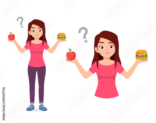 young good looking woman choose healthy food or junk food