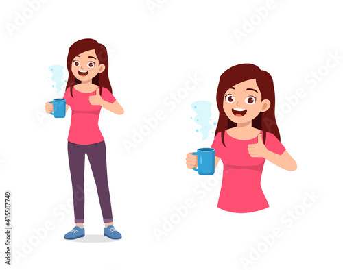 young good looking woman drink coffee on glass