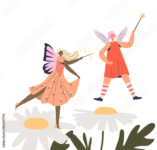 Cartoon forest elves, floral pixies cute tiny fairies with magical wands. Adorable magic creatures
