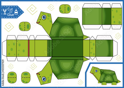 Kids craft 3d paper game. Cut and glue turtle. Activity page and worksheet for children. Cutout cartoon toy animal puzzle. Vector illustration.