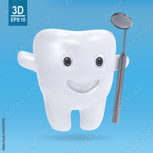 3d happy tooth. Cartoon dental character. Cute dentist mascot with mirror. Oral health and dental inspection teeth. Medical dentist tool.