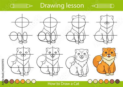 Drawing step by step. Drawing lesson for kids how to draw a cute cat. Children tutorial worksheet. Activity page for book. Vector illustration.