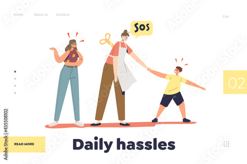 Kids daily hassles concept of landing page with tired mom of two teenagers exhausted of misbehavior