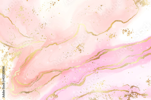 Gradient rose liquid marble or watercolor background with glitter foil textured stripes. Pink marbled alcohol ink drawing effect. Vector illustration design template for wedding invitation