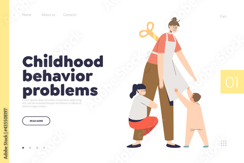 Childhood behavior problems concept of landing page with sleepless mother tired of two kids