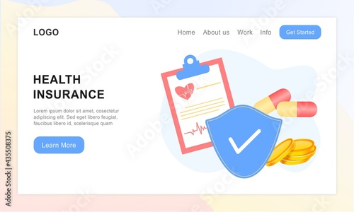 Landing page of health insurance. Concept of medical insurance and life insurance. Protection of health and life of people with document insurance. Healthcare, finance and medical service web design.