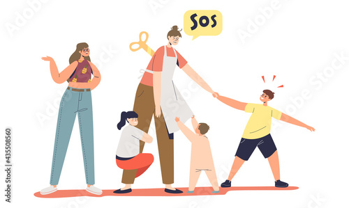 Tired mother with many children at home alone. Single mom depressed with parent routine