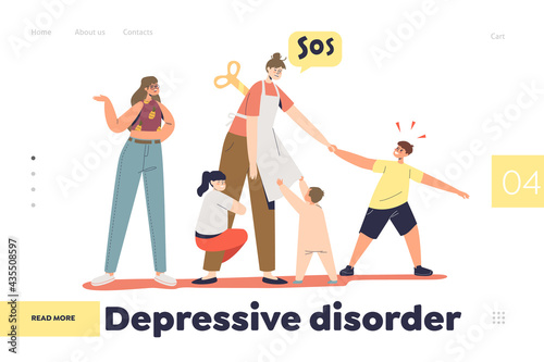 Depressive disorder concept of landing page with sad mother tired of many children parent routine