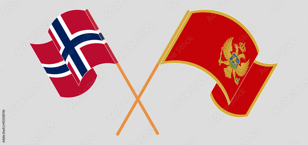 Crossed and waving flags of Norway and Montenegro Crossed and waving flags of Norway and Montenegro