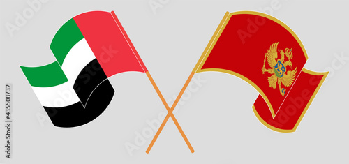 Crossed and waving flags of the United Arab Emirates and Montenegro